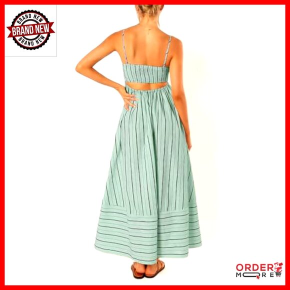 Striped Smocked Back Maxi Dress Elegant Formal Swing Cut Out Strappy - Picture 2 of 6